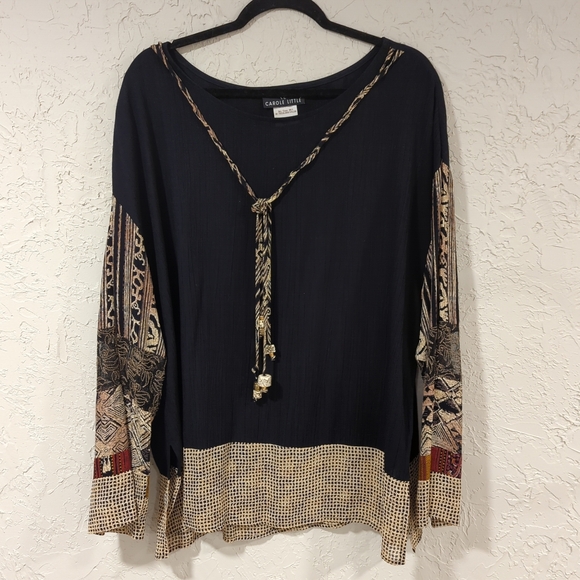 Carole Little Tops - Vintage Carole Little Black and Tan Patterned Blouse - Women's 16 Tribal Animal